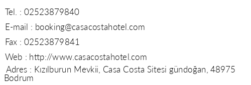 Casa Costa Boutique Hotel telefon numaralar, faks, e-mail, posta adresi ve iletiim bilgileri